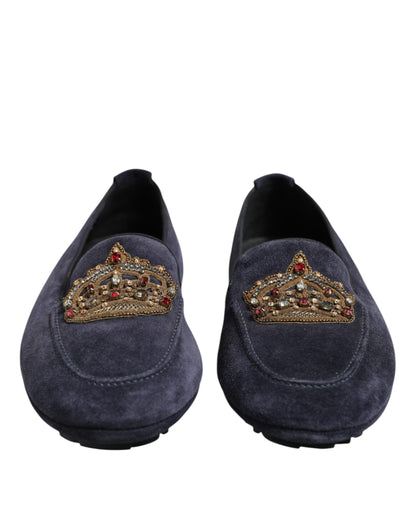 Dolce &amp; Gabbana – Blaue Loafer aus Wildleder mit Krone und Kristallen