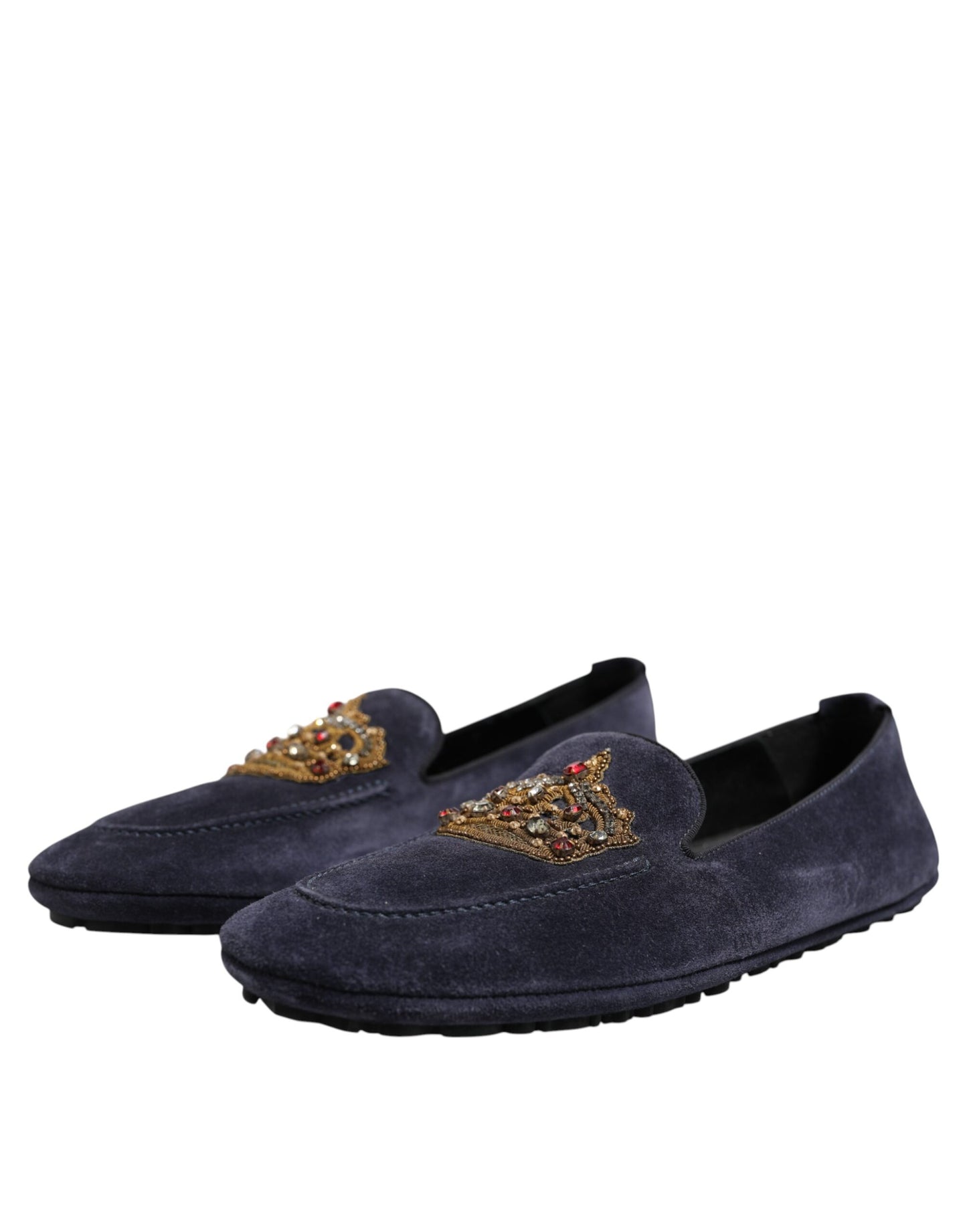 Dolce &amp; Gabbana – Blaue Loafer aus Wildleder mit Krone und Kristallen