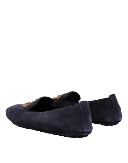 Dolce &amp; Gabbana – Blaue Loafer aus Wildleder mit Krone und Kristallen