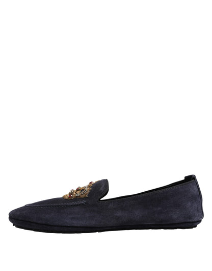 Dolce &amp; Gabbana – Blaue Loafer aus Wildleder mit Krone und Kristallen