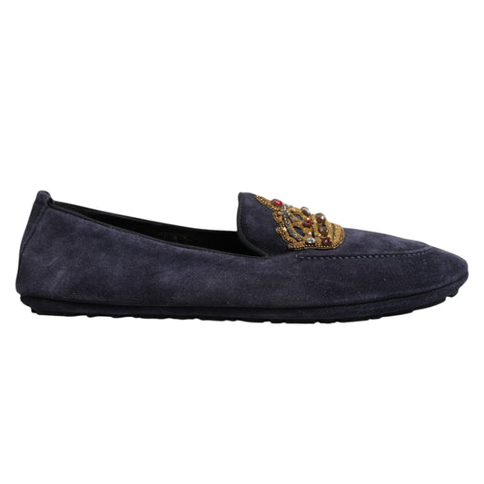 Dolce &amp; Gabbana – Blaue Loafer aus Wildleder mit Krone und Kristallen