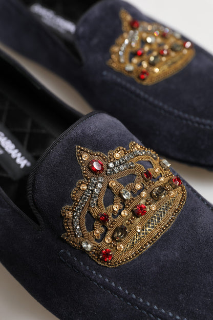 Dolce &amp; Gabbana – Blaue Loafer aus Wildleder mit Krone und Kristallen