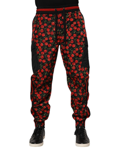 Dolce &amp; Gabbana Schwarz Rot Kirsche Print Männer Jogginghose Hosen