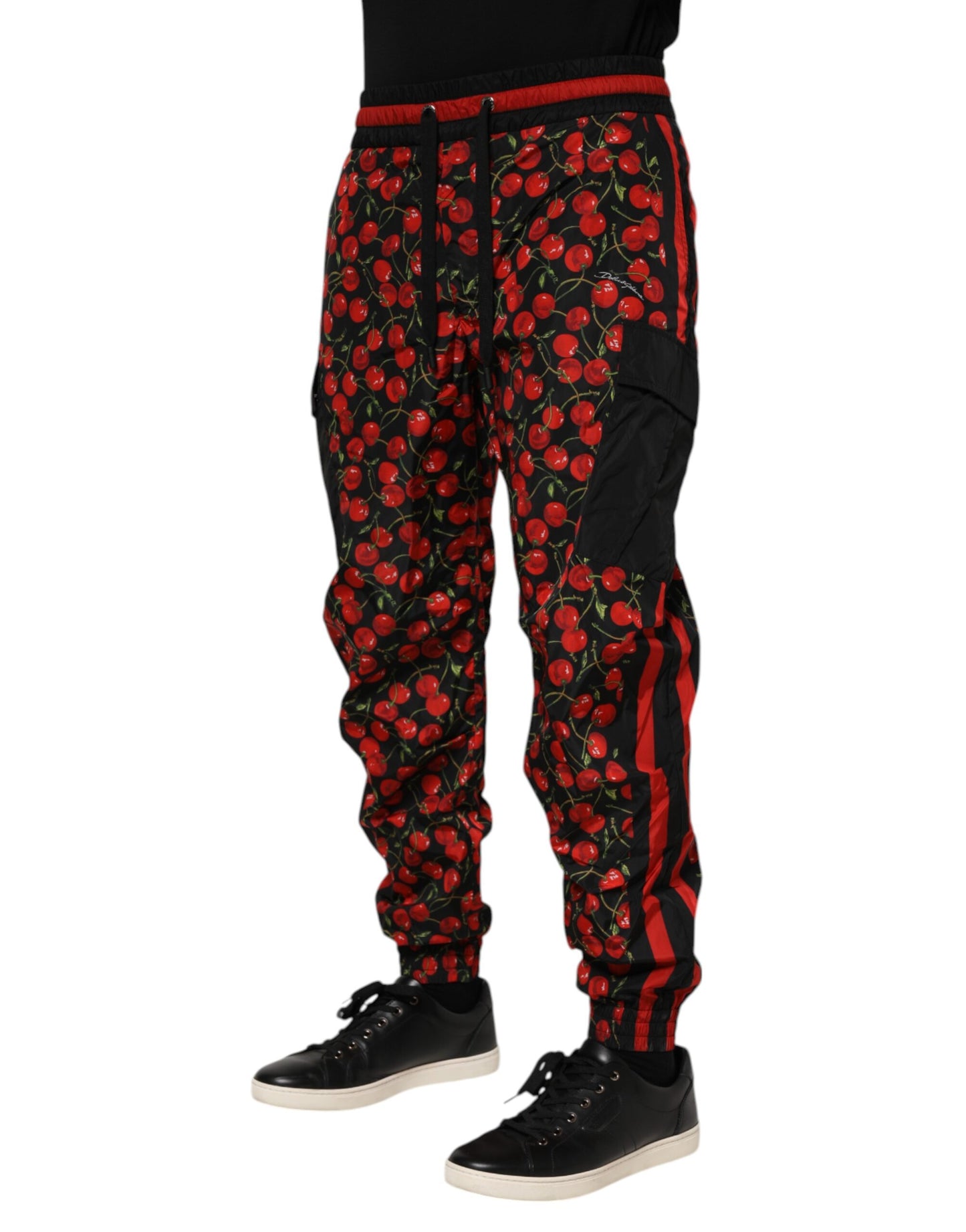 Dolce &amp; Gabbana Schwarz Rot Kirsche Print Männer Jogginghose Hosen