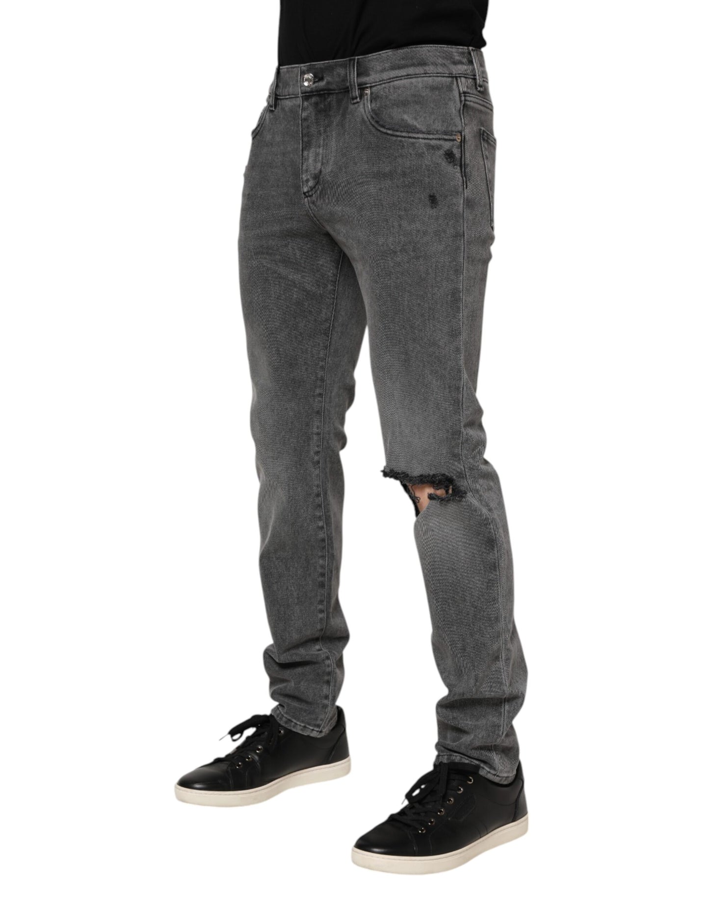 Dolce &amp; Gabbana – Graue Jeans aus Baumwoll-Denim mit Logo-Plakette