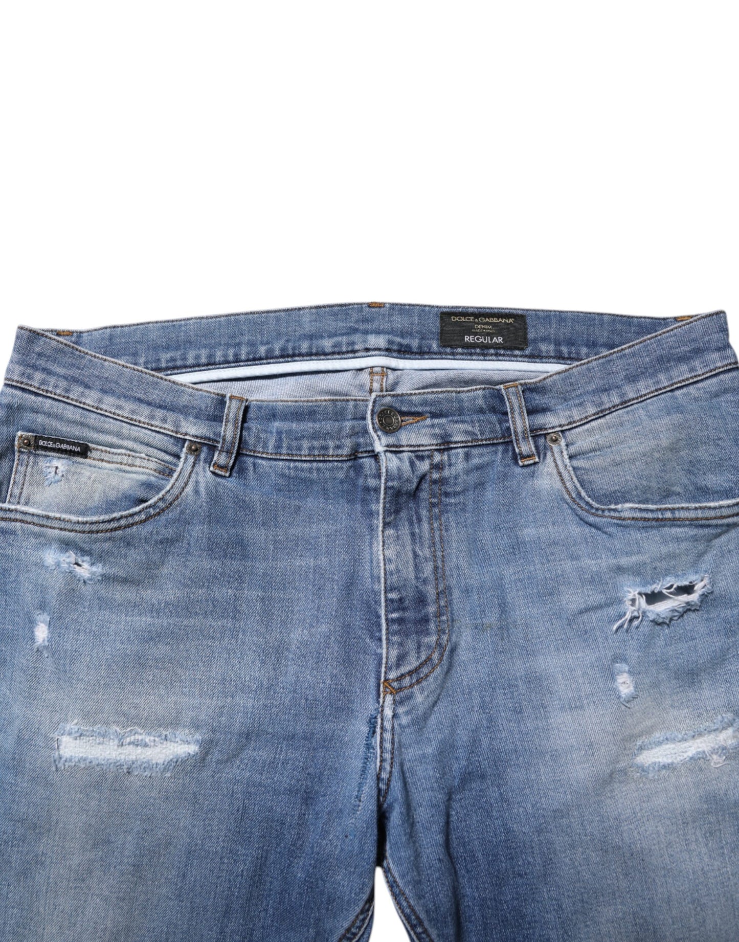 Dolce &amp; Gabbana – Blau verwaschene, zerfetzte Jeans mit Logo-Plakette