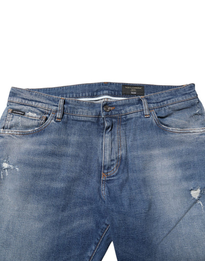Dolce &amp; Gabbana – Blaue Jeans aus gewaschener Baumwolle mit Logo-Schild