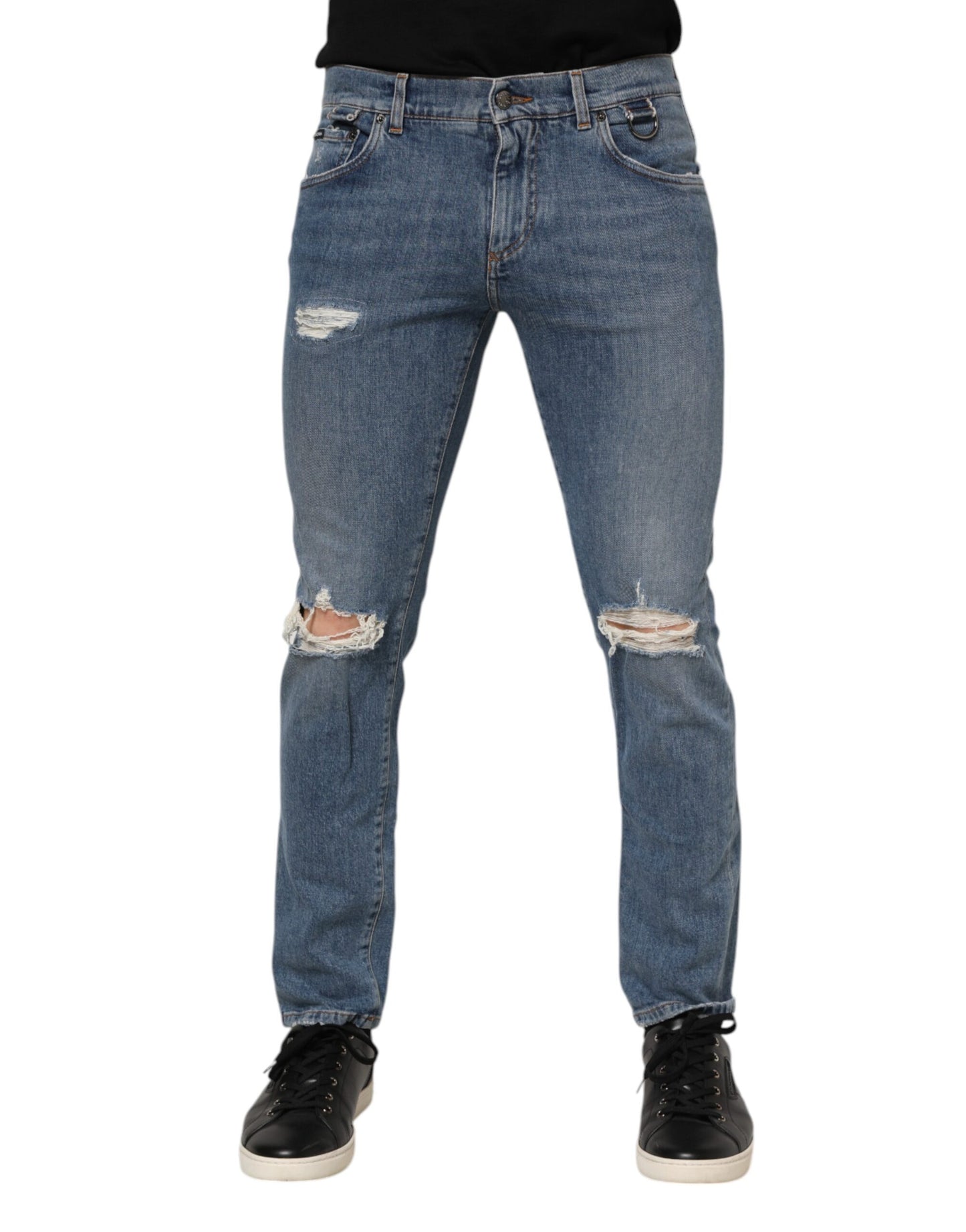 Dolce &amp; Gabbana – Zerfetzte Skinny-Jeans aus blauem Baumwoll-Denim mit Logo