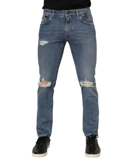 Dolce &amp; Gabbana – Zerfetzte Skinny-Jeans aus blauem Baumwoll-Denim mit Logo