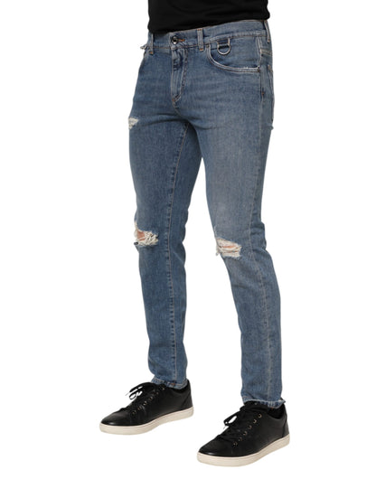 Dolce &amp; Gabbana – Zerfetzte Skinny-Jeans aus blauem Baumwoll-Denim mit Logo
