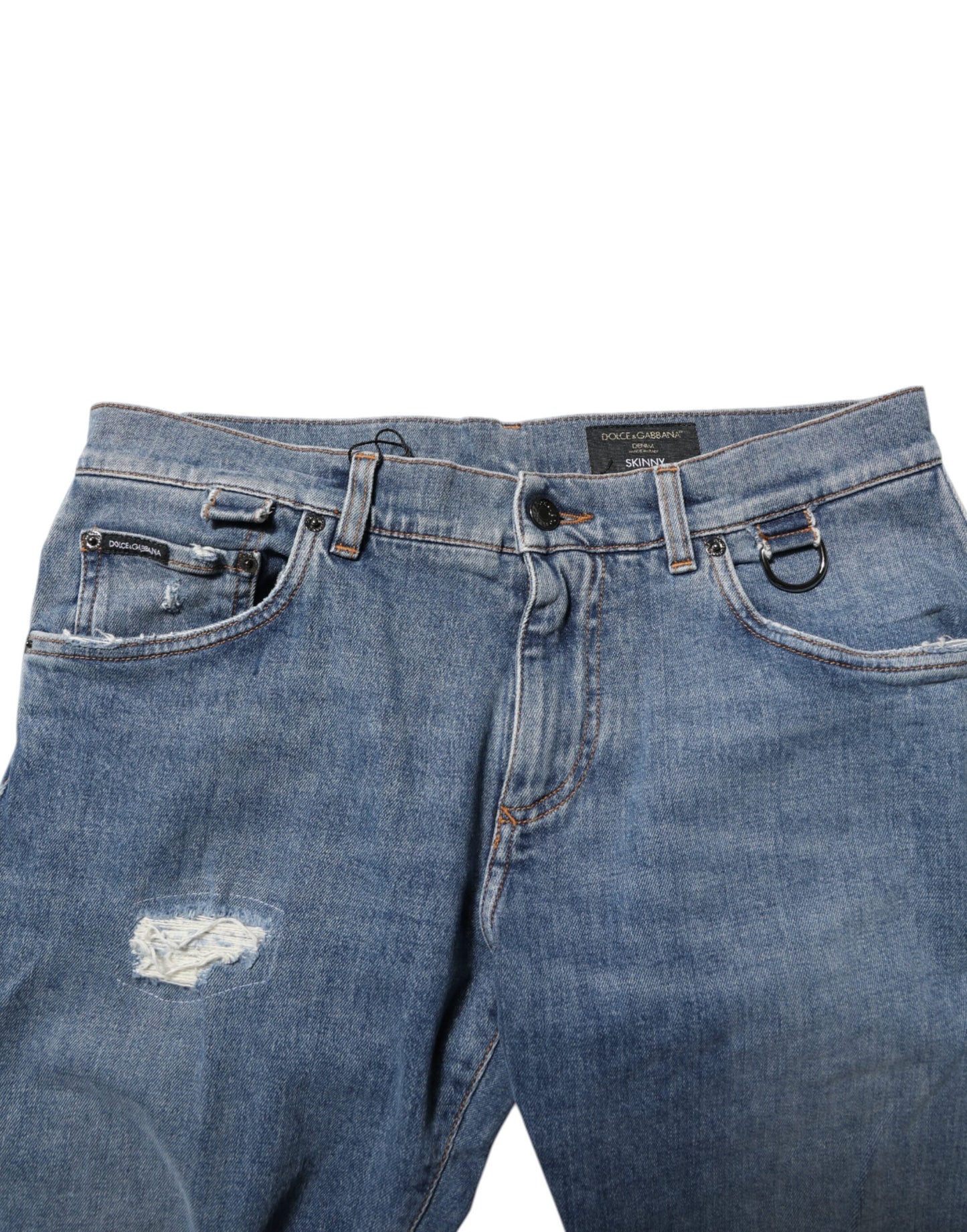 Dolce &amp; Gabbana – Zerfetzte Skinny-Jeans aus blauem Baumwoll-Denim mit Logo