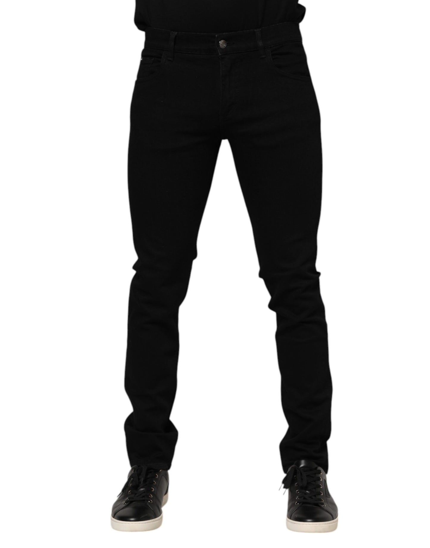 Dolce &amp; Gabbana Dunkelblaue Jeans aus Baumwolle mit Logo-Plakette GOLD