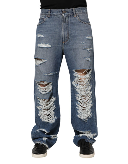 Dolce &amp; Gabbana Blaue Jeans aus zerfetzter Baumwolle mit Logo-Plakette