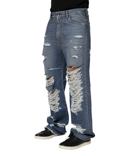 Dolce & Gabbana Blue Tattered Cotton Logo Plaque Denim Jeans