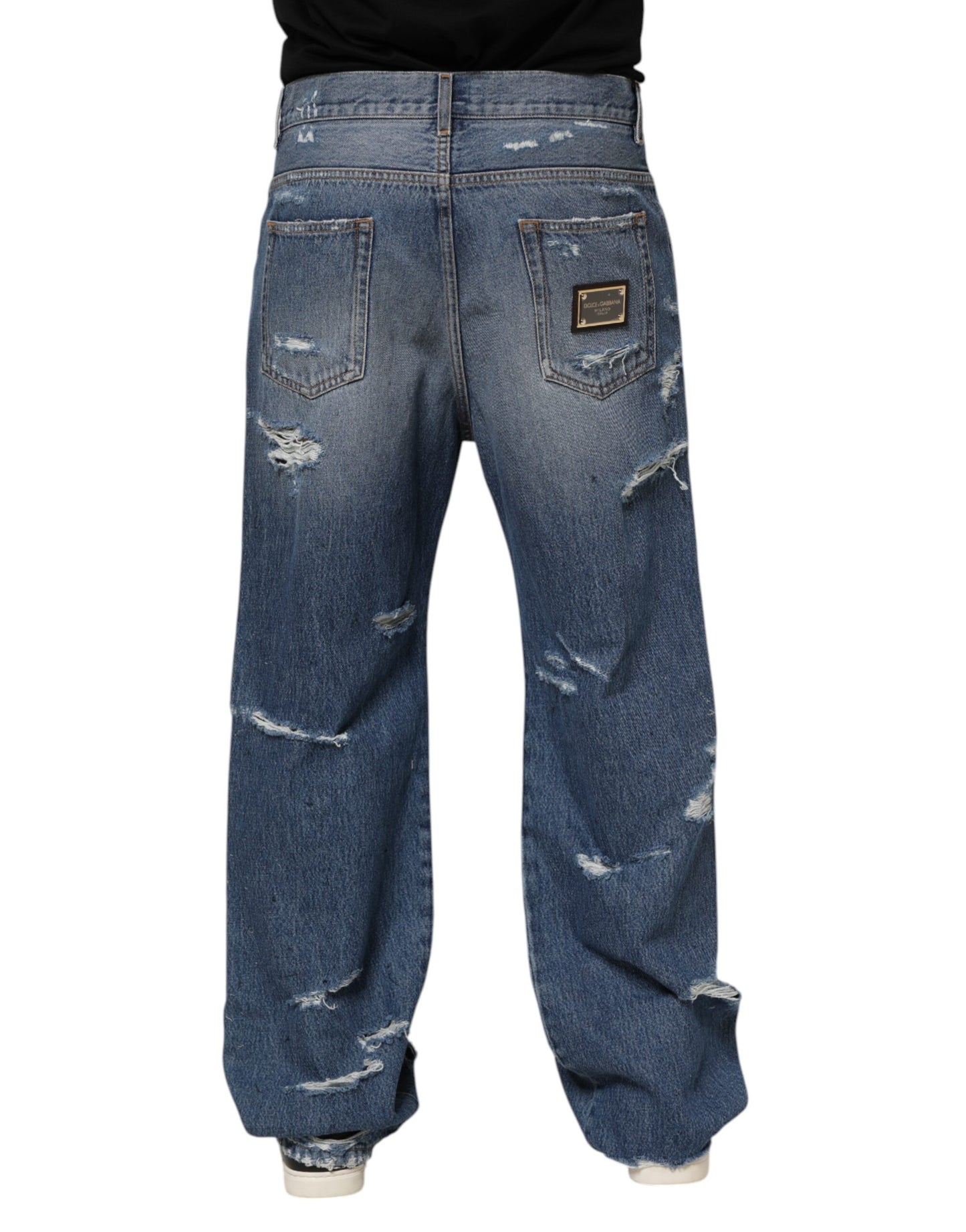 Dolce & Gabbana Blue Tattered Cotton Logo Plaque Denim Jeans