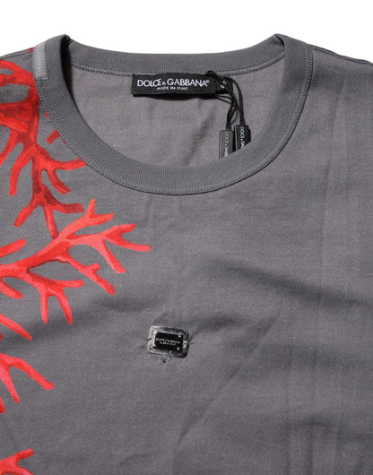 Dolce &amp; Gabbana – T-Shirt mit Logo-Plakette und Korallenprint aus grauer Baumwolle