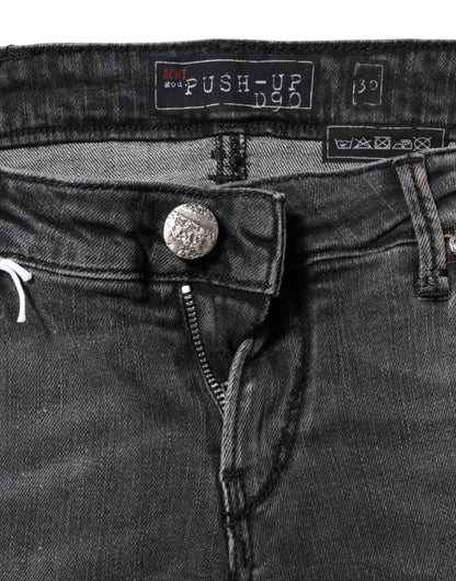 Acht Dunkelgraue Slim Fit Denim-Jeans aus Baumwolle mit niedriger Taille
