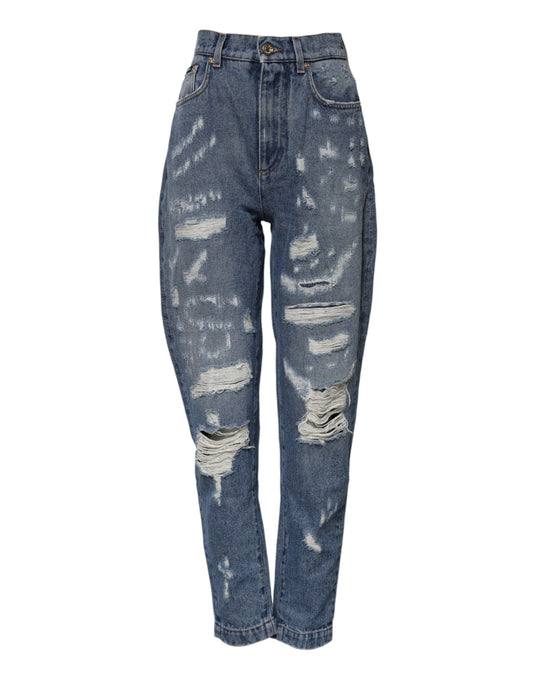 Dolce &amp; Gabbana – Zerfetzte Jeans aus blauer Baumwolle mit hoher Taille