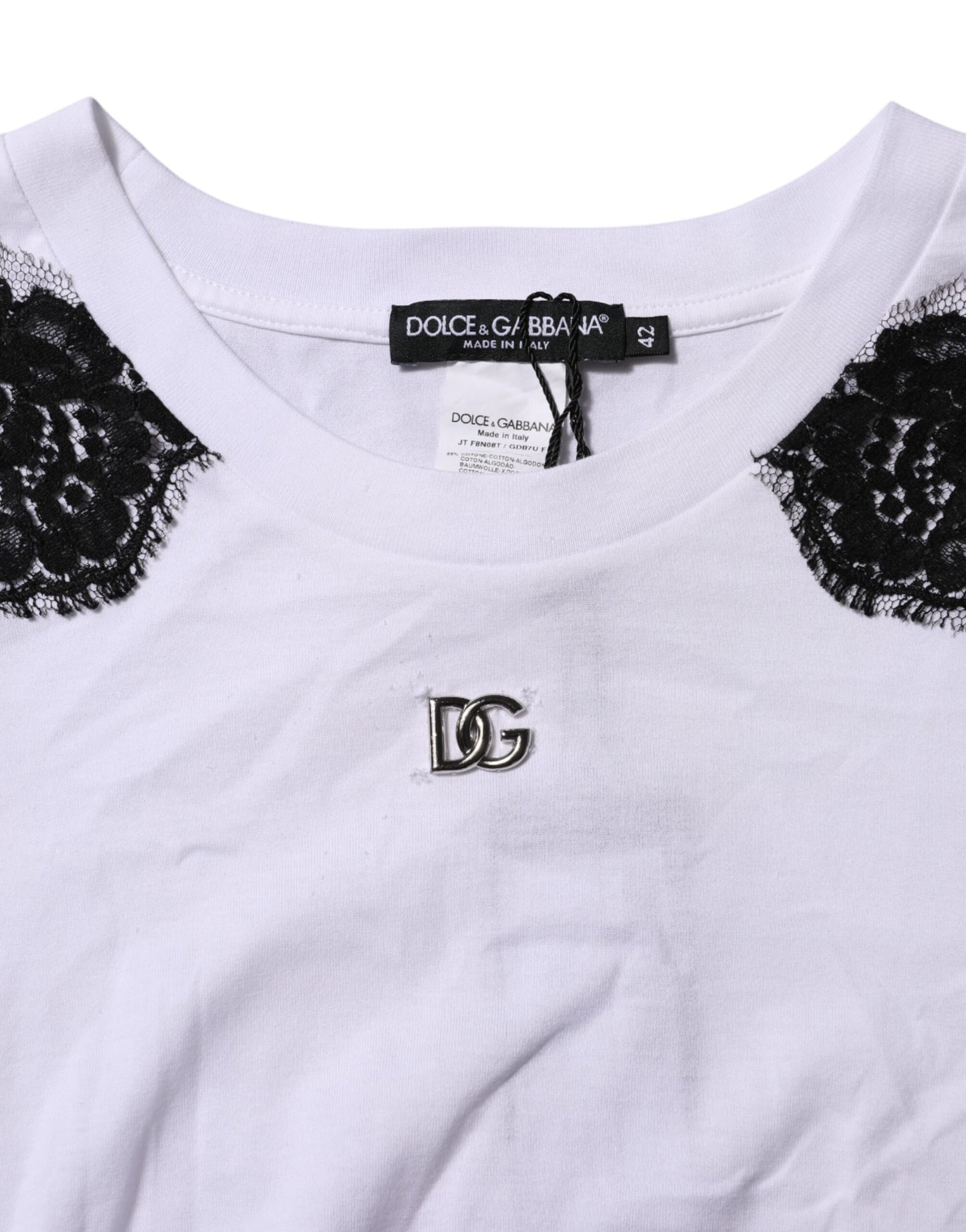Dolce &amp; Gabbana – Weißes T-Shirt mit floraler Spitze und DG-Details