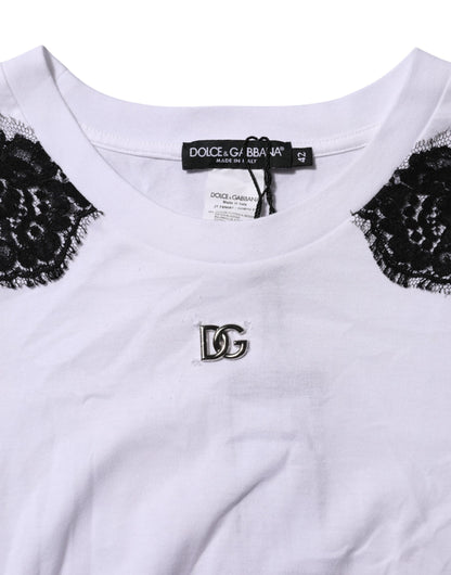 Dolce &amp; Gabbana – Weißes T-Shirt mit floraler Spitze und DG-Details