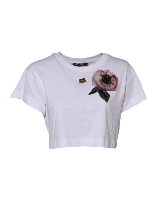 Dolce &amp; Gabbana – Kurzes T-Shirt mit Blumenspitze und DG-Details in Weiß