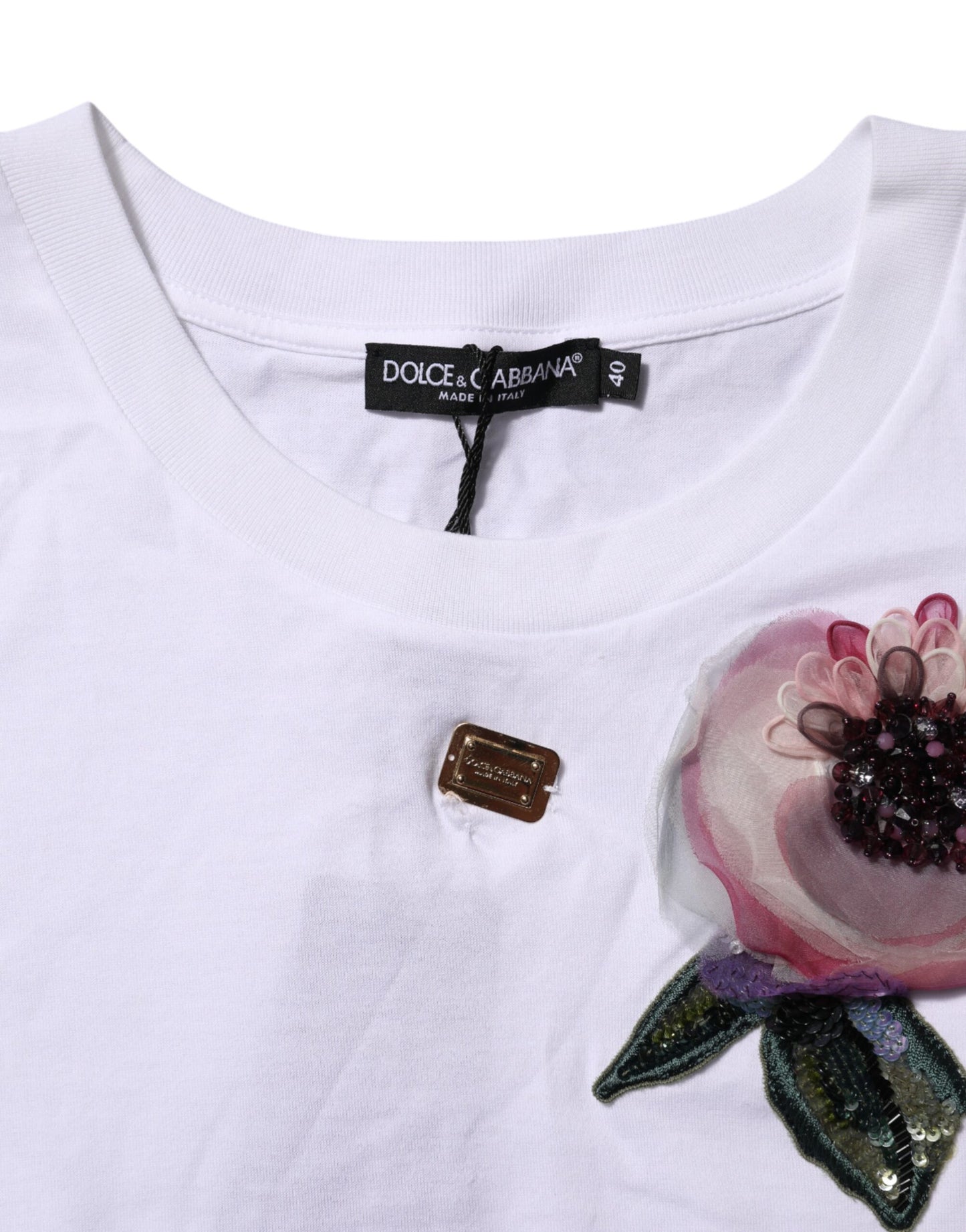 Dolce &amp; Gabbana – Kurzes T-Shirt mit Blumenspitze und DG-Details in Weiß