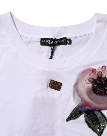 Dolce &amp; Gabbana – Kurzes T-Shirt mit Blumenspitze und DG-Details in Weiß