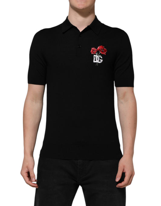 Dolce &amp; Gabbana – Schwarzes Poloshirt aus Wolle mit DG-Logo und Rosenkragen