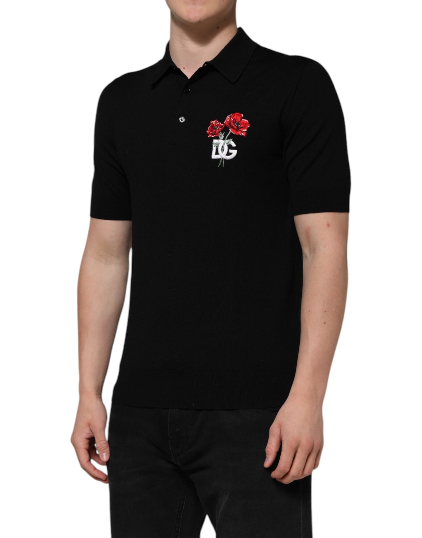 Dolce &amp; Gabbana – Schwarzes Poloshirt aus Wolle mit DG-Logo und Rosenkragen