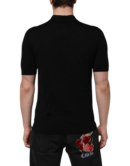 Dolce &amp; Gabbana – Schwarzes Poloshirt aus Wolle mit DG-Logo und Rosenkragen