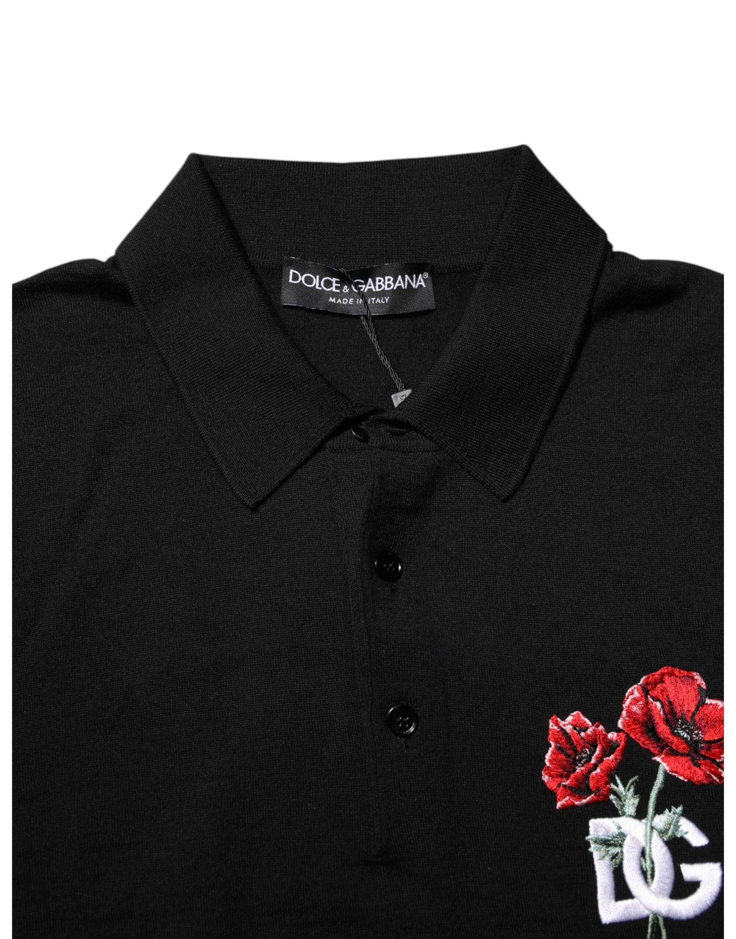 Dolce &amp; Gabbana – Schwarzes Poloshirt aus Wolle mit DG-Logo und Rosenkragen