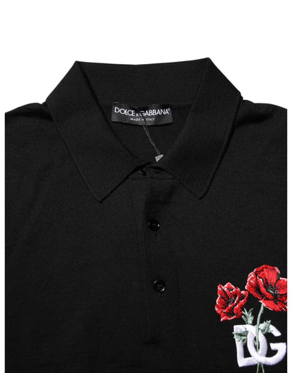 Dolce &amp; Gabbana – Schwarzes Poloshirt aus Wolle mit DG-Logo und Rosenkragen