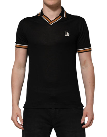 Dolce &amp; Gabbana Schwarzes DG-Poloshirt aus Seide mit V-Ausschnitt und Kragen für Herren