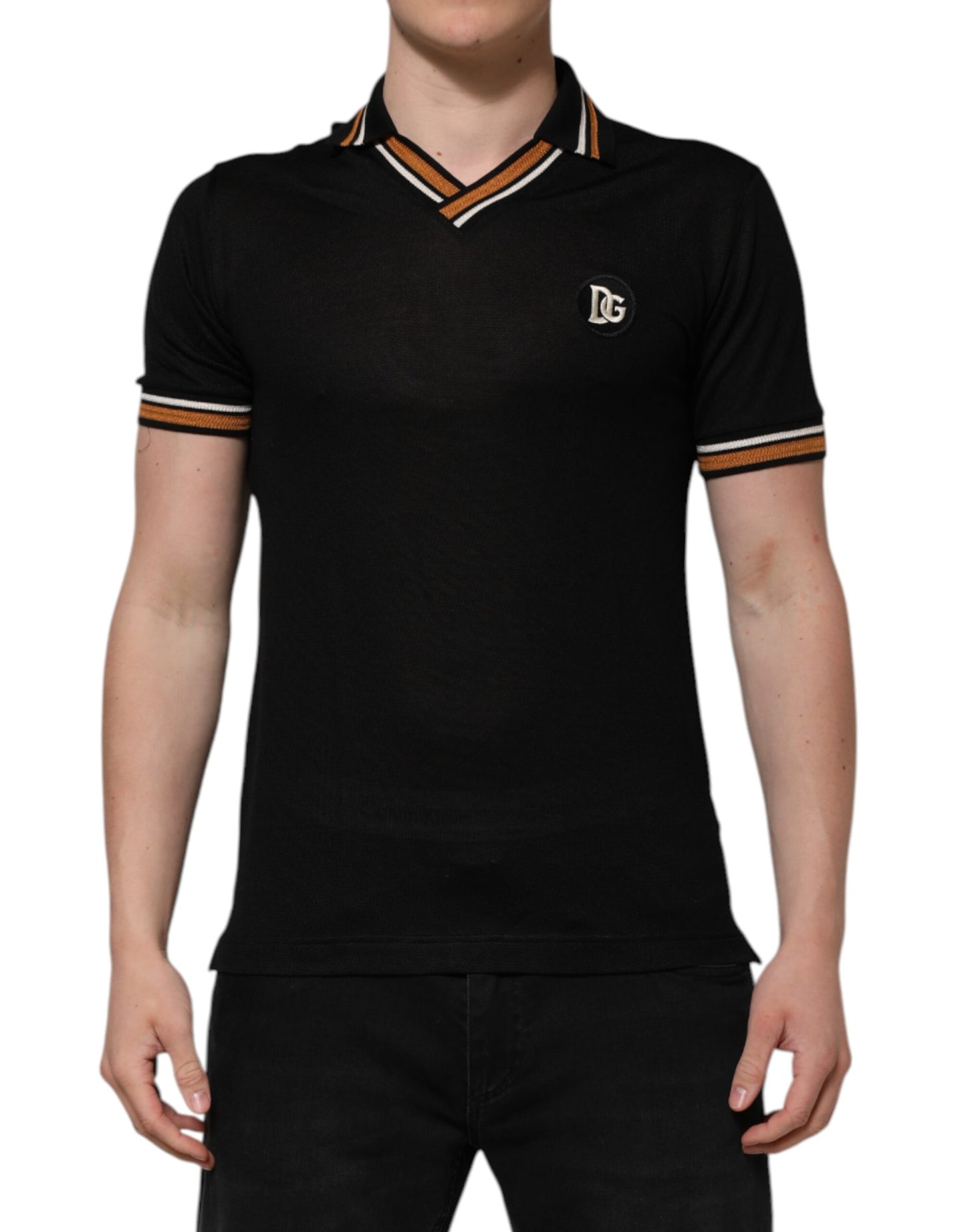 Dolce &amp; Gabbana Schwarzes DG-Poloshirt aus Seide mit V-Ausschnitt und Kragen für Herren