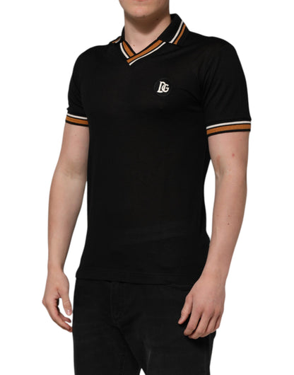 Dolce &amp; Gabbana Schwarzes DG-Poloshirt aus Seide mit V-Ausschnitt und Kragen für Herren
