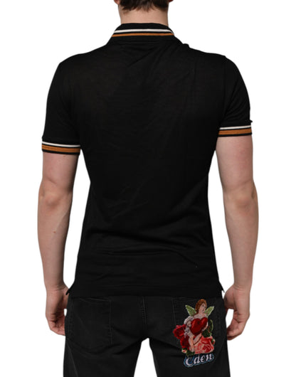 Dolce &amp; Gabbana Schwarzes DG-Poloshirt aus Seide mit V-Ausschnitt und Kragen für Herren