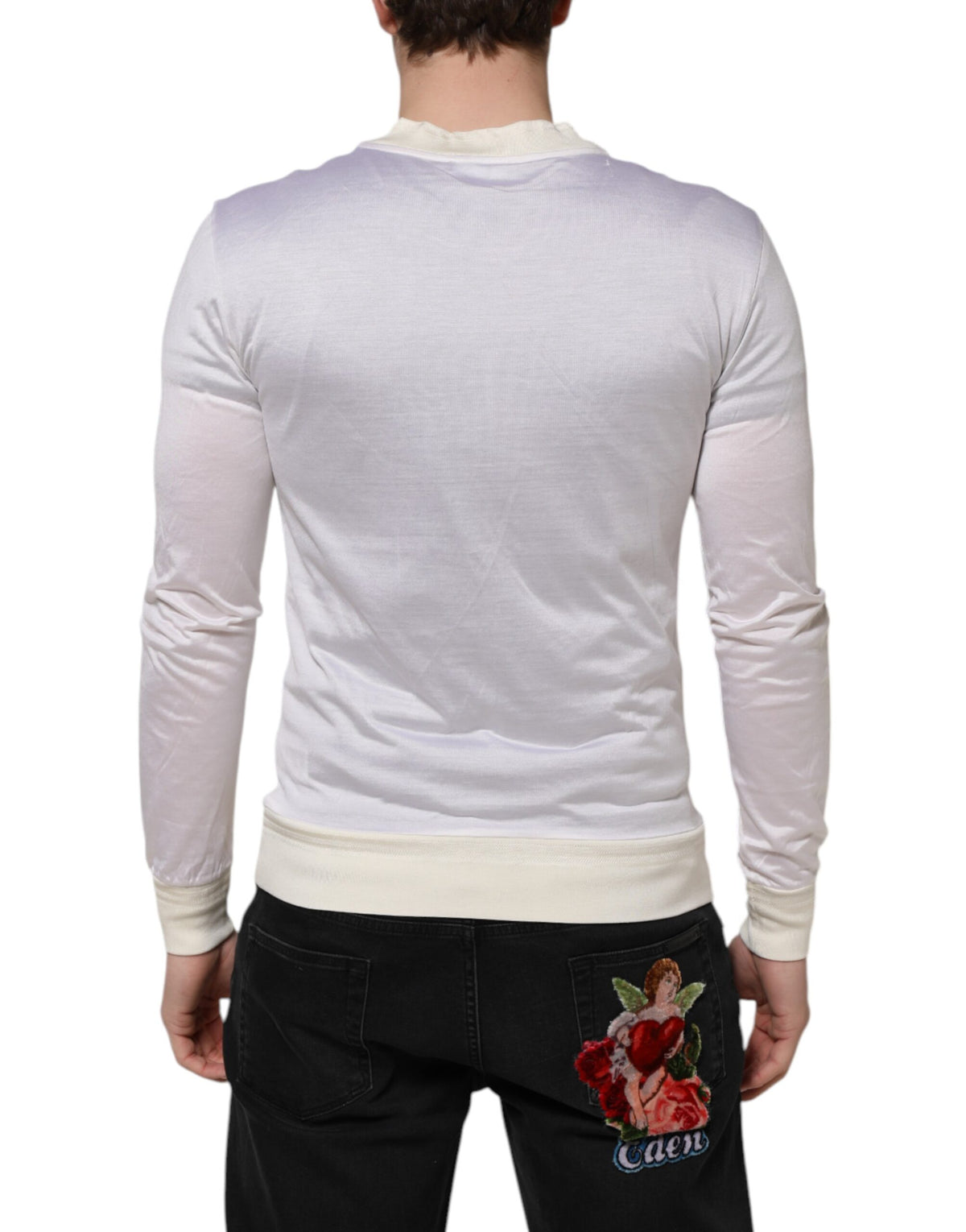 Dolce &amp; Gabbana – Weißes Seiden-T-Shirt mit Rundhalsausschnitt und langen Ärmeln