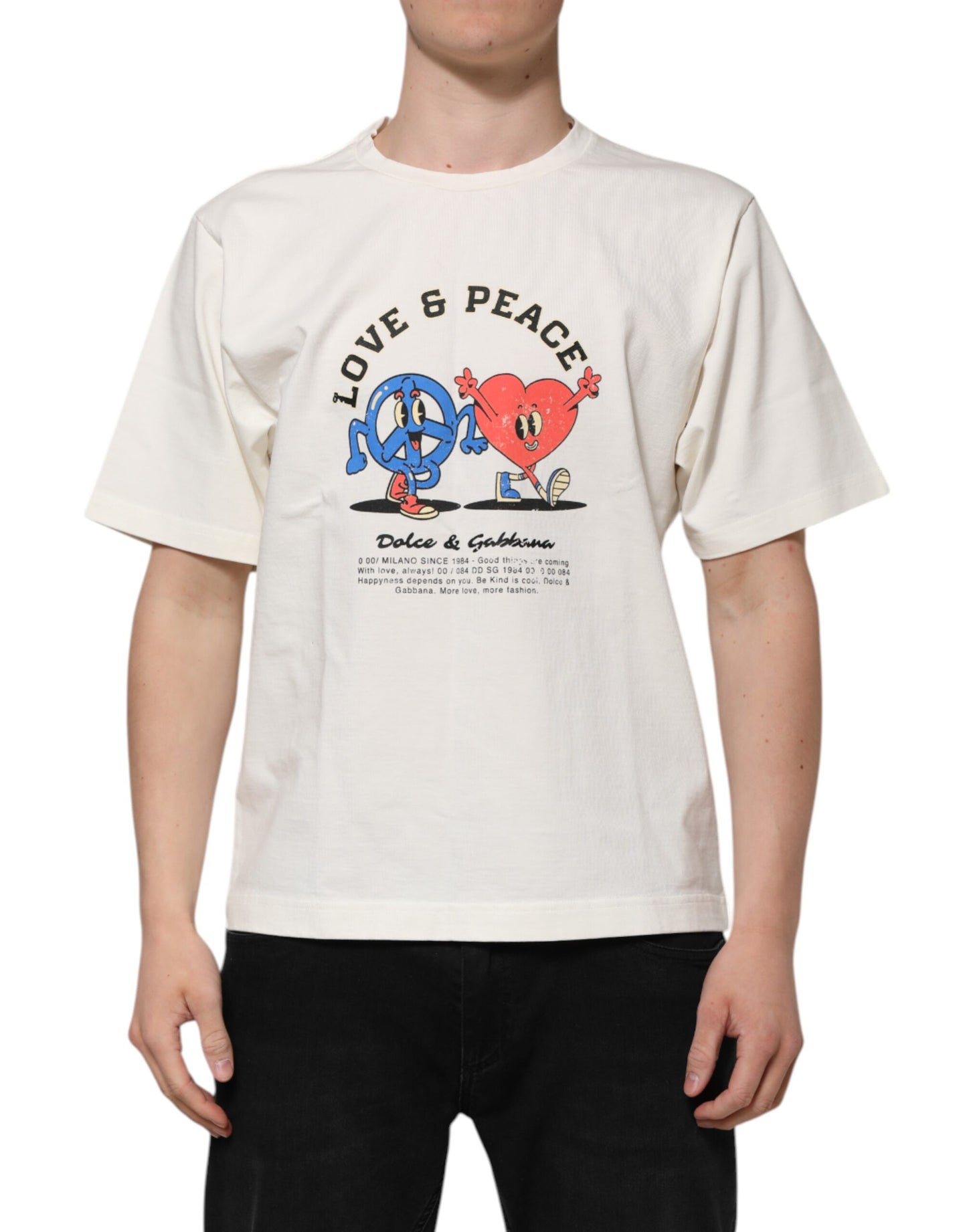 Dolce &amp; Gabbana Weißes Love Peace Baumwoll-T-Shirt für Herren mit Rundhalsausschnitt