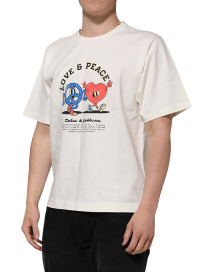 Dolce &amp; Gabbana Weißes Love Peace Baumwoll-T-Shirt für Herren mit Rundhalsausschnitt