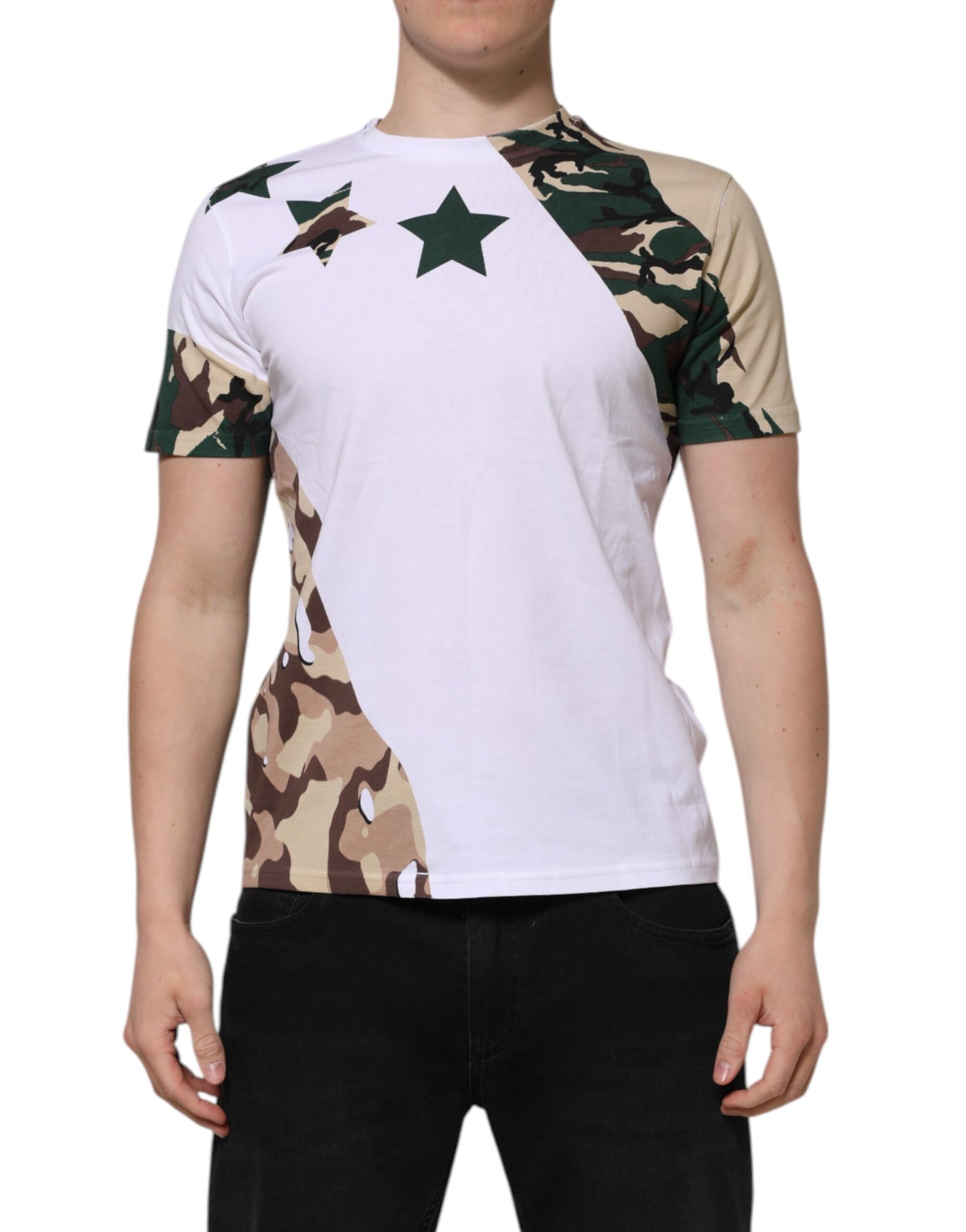 Dolce &amp; Gabbana Weißes Camouflage-T-Shirt aus Baumwolle für Herren mit Rundhalsausschnitt