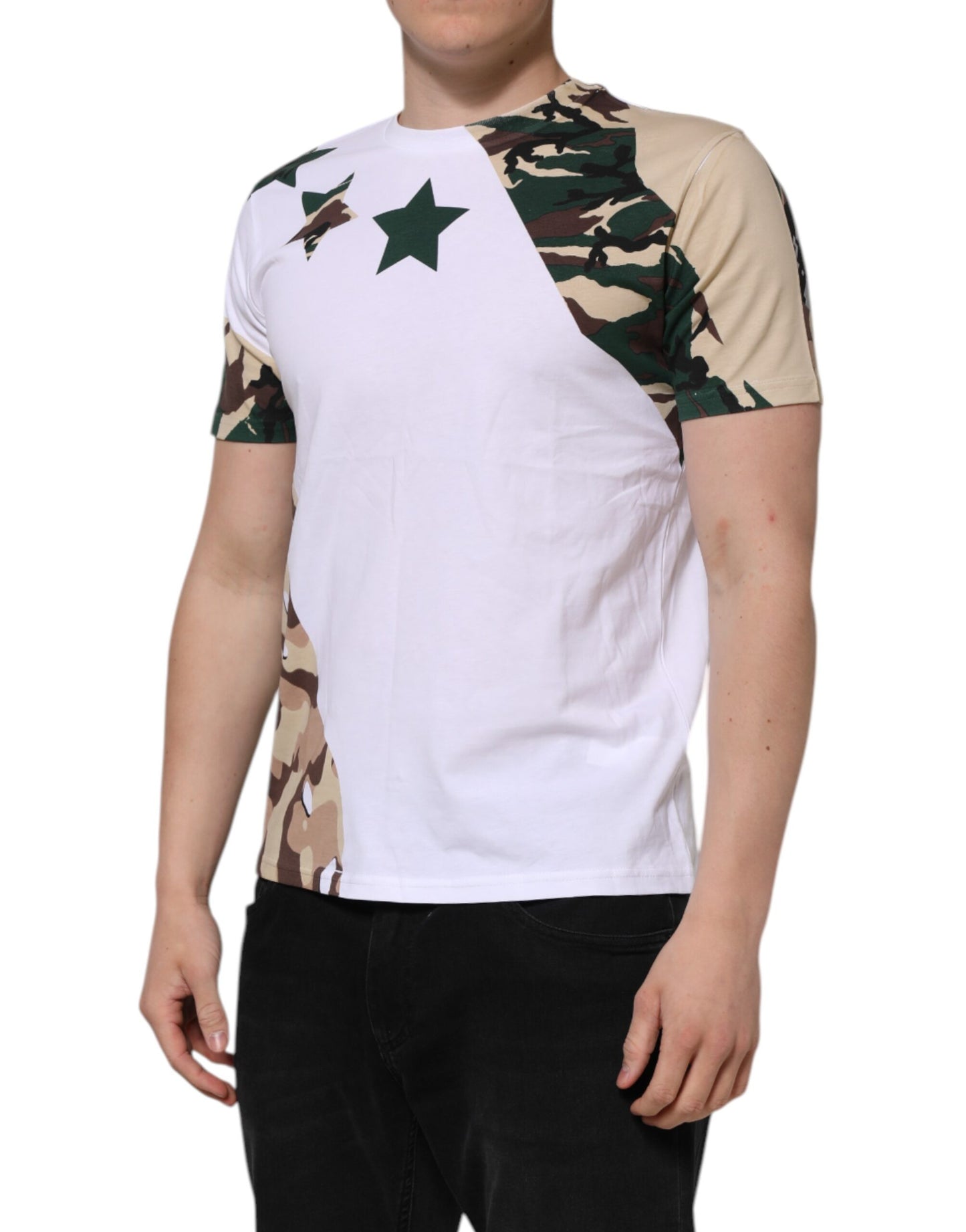 Dolce &amp; Gabbana Weißes Camouflage-T-Shirt aus Baumwolle für Herren mit Rundhalsausschnitt