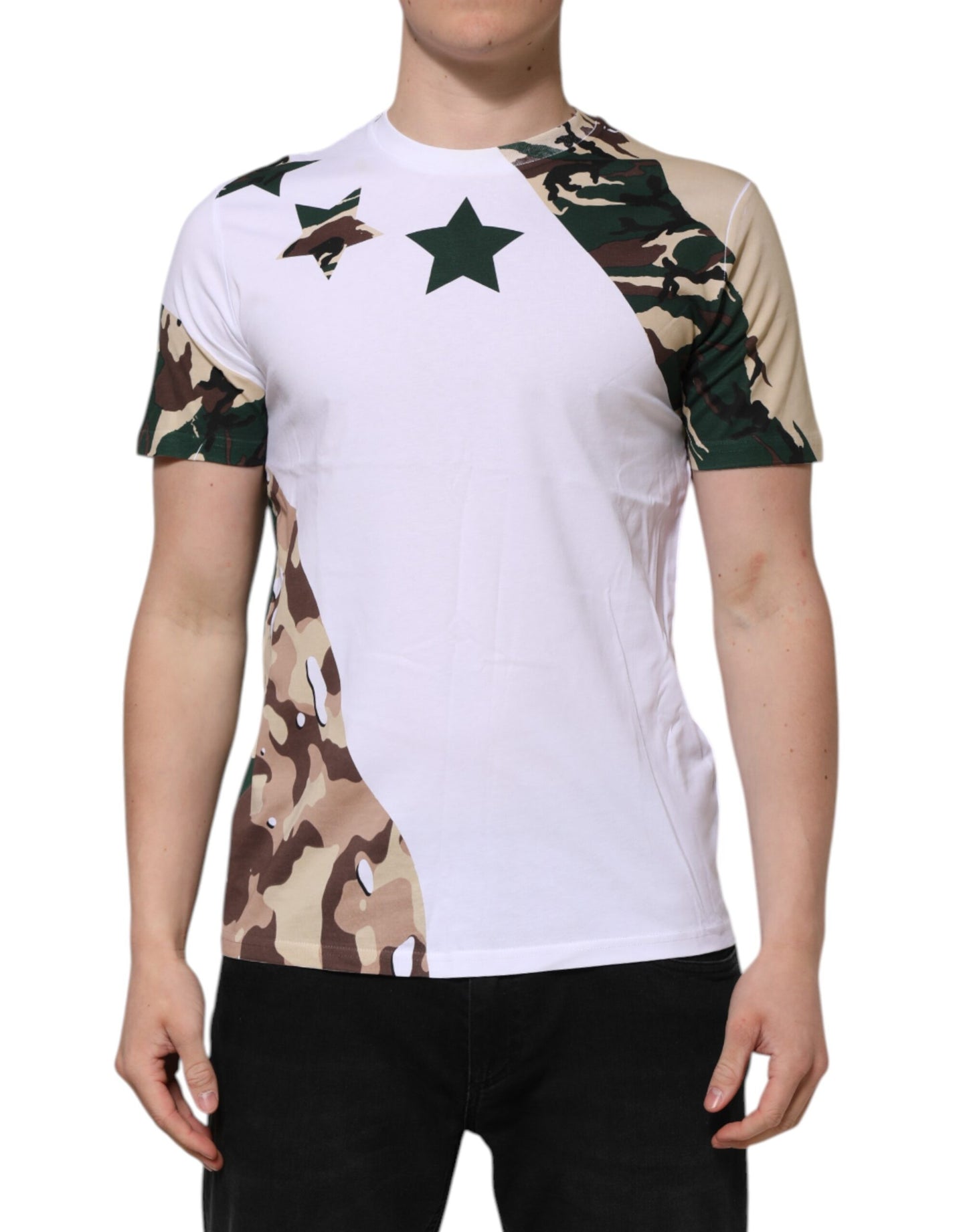 Dolce &amp; Gabbana Weißes Camouflage-T-Shirt aus Baumwolle für Herren mit Rundhalsausschnitt