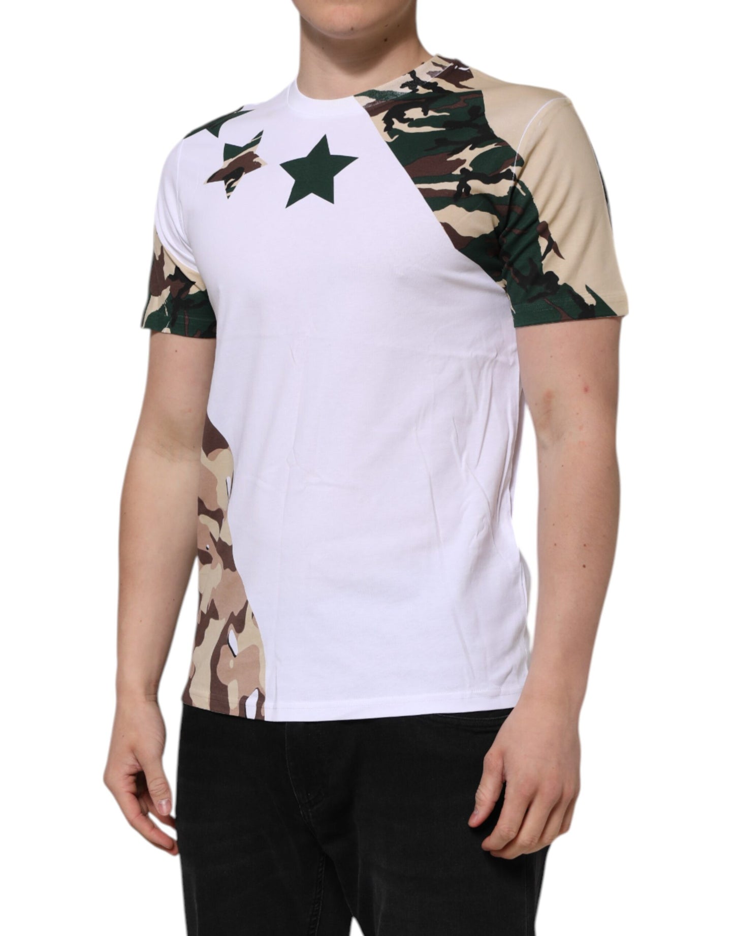 Dolce &amp; Gabbana Weißes Camouflage-T-Shirt aus Baumwolle für Herren mit Rundhalsausschnitt