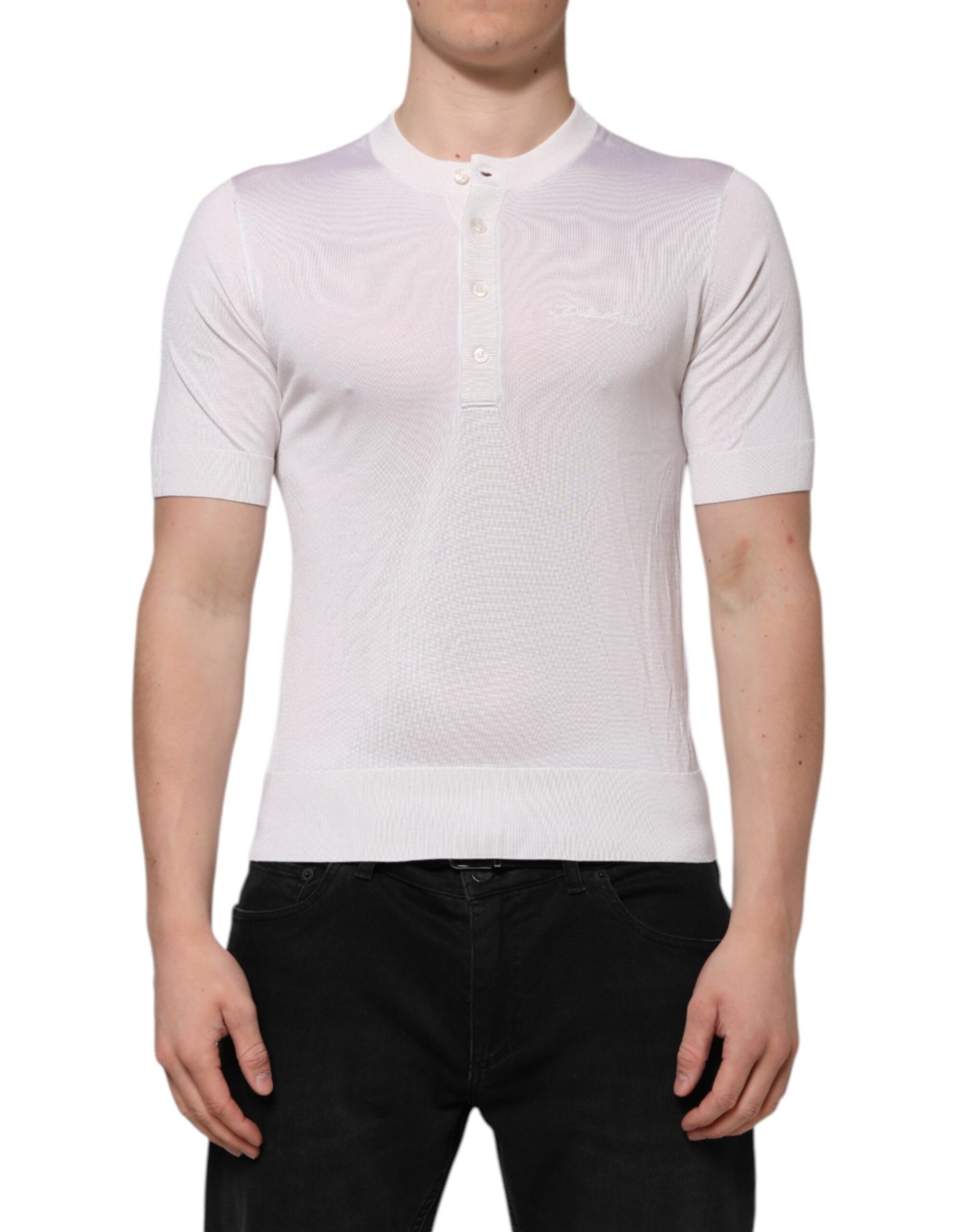 Dolce &amp; Gabbana – Weißes Henley-T-Shirt aus Seide mit kurzen Ärmeln für Herren