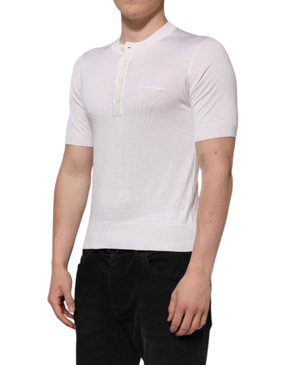 Dolce &amp; Gabbana – Weißes Henley-T-Shirt aus Seide mit kurzen Ärmeln für Herren