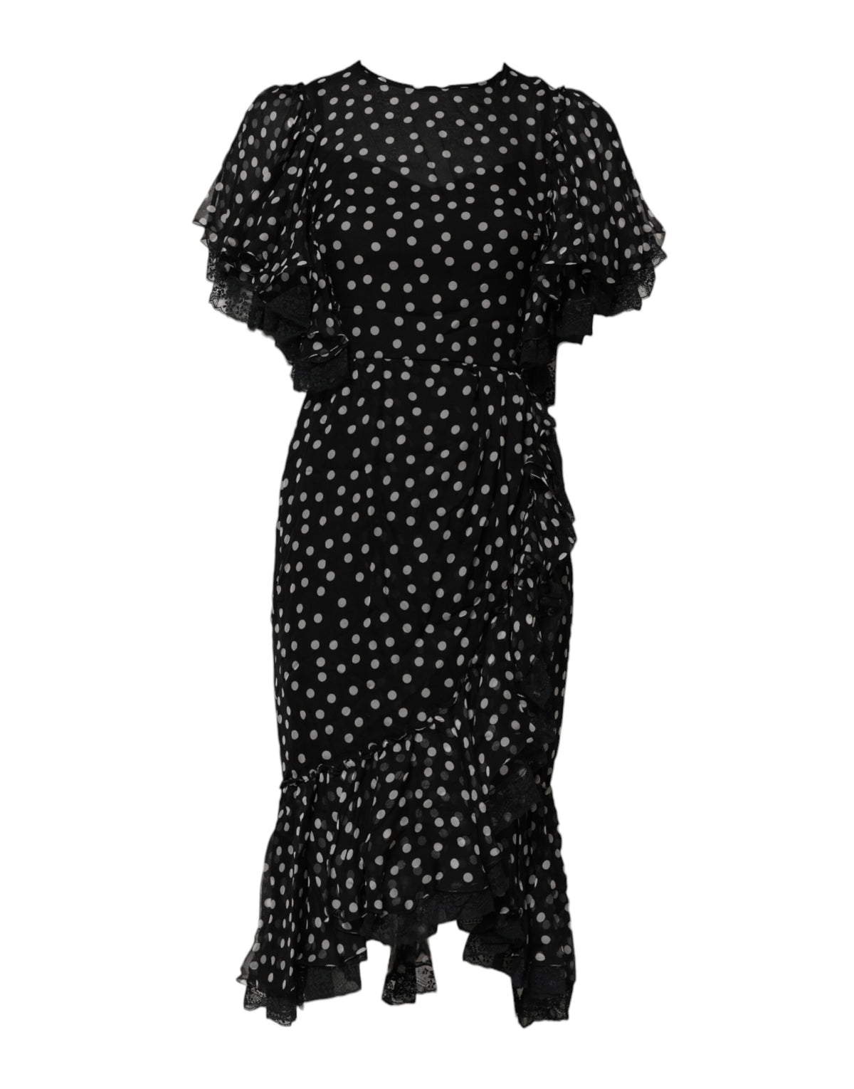 Dolce &amp; Gabbana – Chiffonkleid mit schwarzen und weißen Spitzen und Punkten