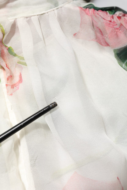 Dolce &amp; Gabbana – Langes Maxikleid aus Seide mit Blumenmuster und Rosen in Weiß