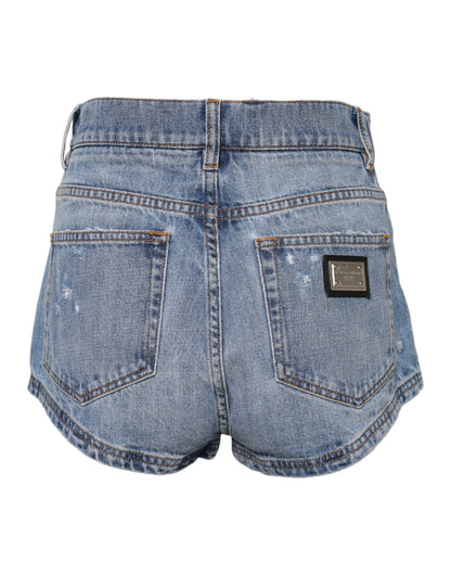 Dolce &amp; Gabbana – Hotpants-Shorts aus Denim-Baumwolle mit blauem Logo-Schild