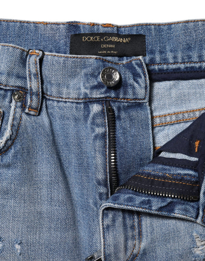 Dolce &amp; Gabbana – Hotpants-Shorts aus Denim-Baumwolle mit blauem Logo-Schild