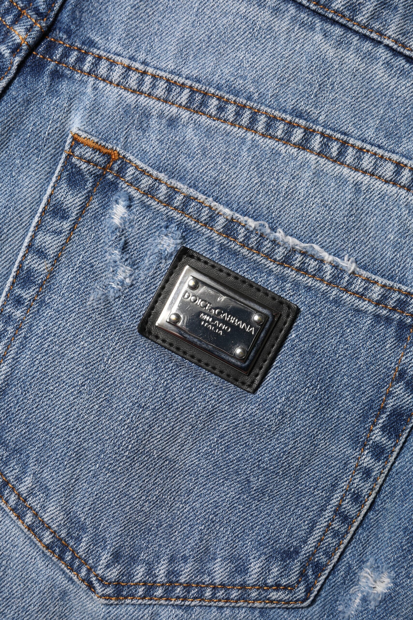 Dolce &amp; Gabbana – Hotpants-Shorts aus Denim-Baumwolle mit blauem Logo-Schild